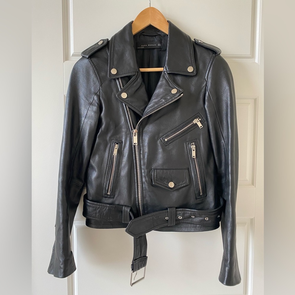 Zara biker black leather jacket XS
